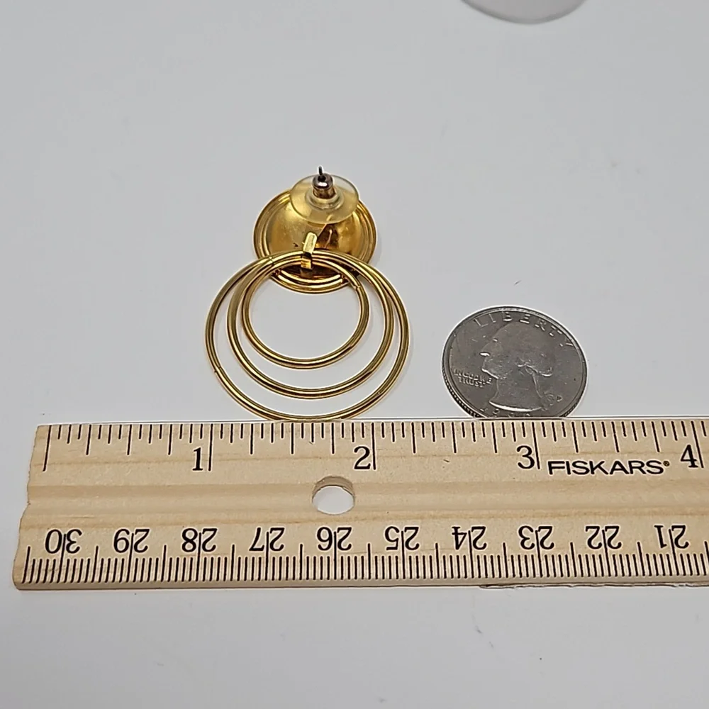 Vintage Enamel Circular Dangle Earrings Gold Tone Red Black Cream